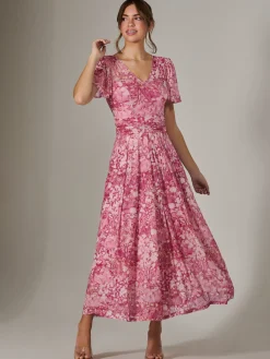 Jolie Moi Occasion Dresses|Floral Dresses-Bianca V-Neck Pleated Mesh Maxi Dress, Red Abstract