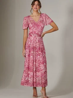 Jolie Moi Occasion Dresses|Floral Dresses-Bianca V-Neck Pleated Mesh Maxi Dress, Red Abstract