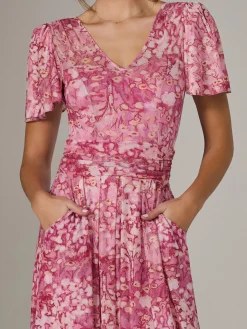 Jolie Moi Occasion Dresses|Floral Dresses-Bianca V-Neck Pleated Mesh Maxi Dress, Red Abstract