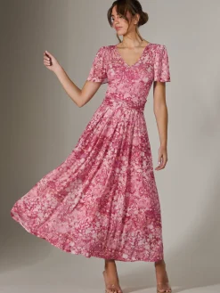 Jolie Moi Occasion Dresses|Floral Dresses-Bianca V-Neck Pleated Mesh Maxi Dress, Red Abstract
