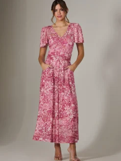 Jolie Moi Occasion Dresses|Floral Dresses-Bianca V-Neck Pleated Mesh Maxi Dress, Red Abstract