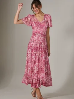 Jolie Moi Occasion Dresses|Floral Dresses-Bianca V-Neck Pleated Mesh Maxi Dress, Red Abstract