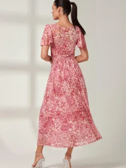 Jolie Moi Occasion Dresses|Floral Dresses-Bianca V-Neck Pleated Mesh Maxi Dress, Red Abstract