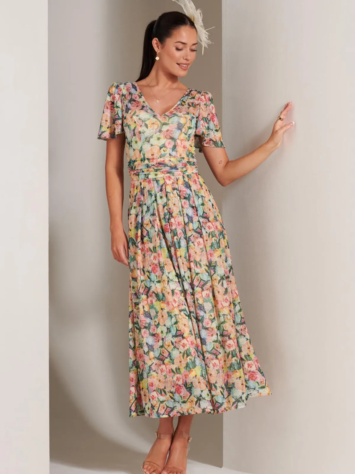 Jolie Moi Occasion Dresses|Floral Dresses-Bianca V-Neck Pleated Mesh Maxi Dress, Yellow Floral