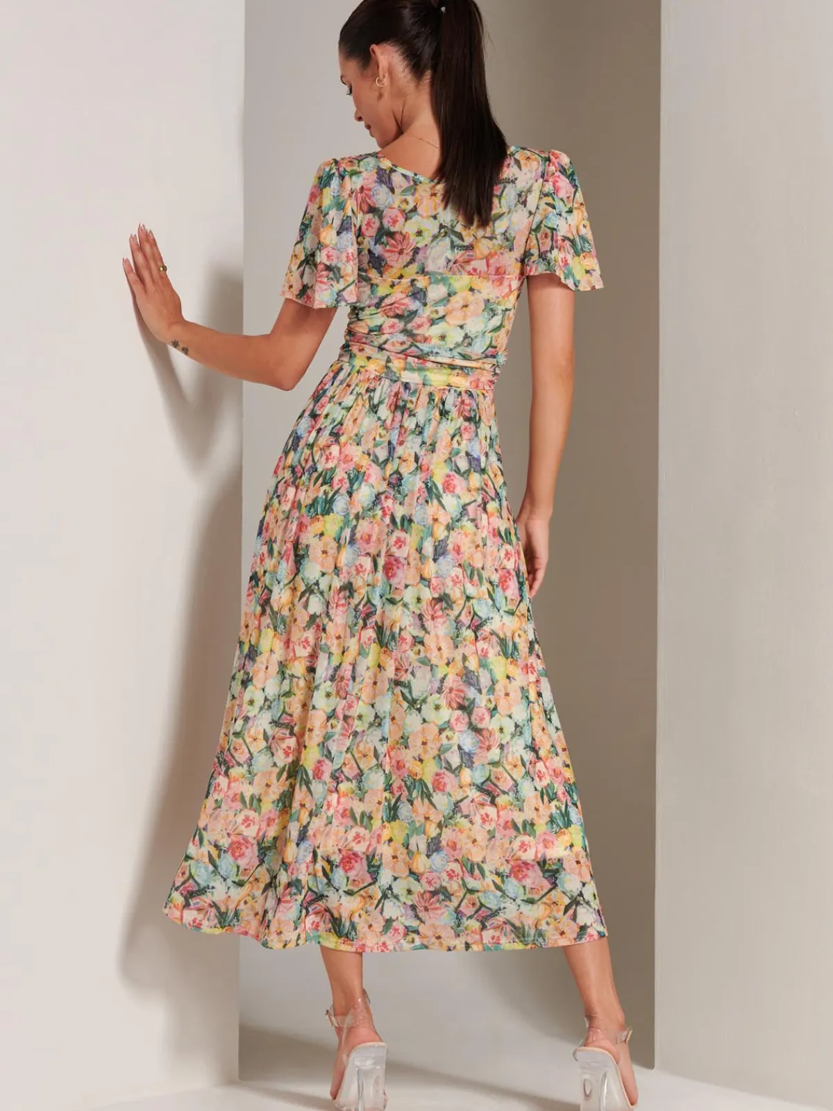 Jolie Moi Occasion Dresses|Floral Dresses-Bianca V-Neck Pleated Mesh Maxi Dress, Yellow Floral