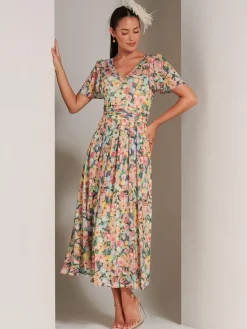 Jolie Moi Occasion Dresses|Floral Dresses-Bianca V-Neck Pleated Mesh Maxi Dress, Yellow Floral