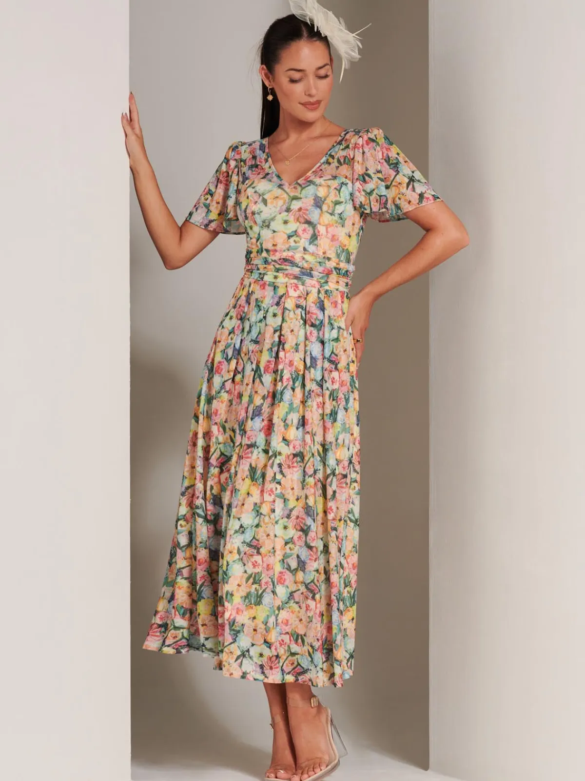 Jolie Moi Occasion Dresses|Floral Dresses-Bianca V-Neck Pleated Mesh Maxi Dress, Yellow Floral