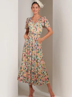 Jolie Moi Occasion Dresses|Floral Dresses-Bianca V-Neck Pleated Mesh Maxi Dress, Yellow Floral