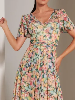 Jolie Moi Occasion Dresses|Floral Dresses-Bianca V-Neck Pleated Mesh Maxi Dress, Yellow Floral