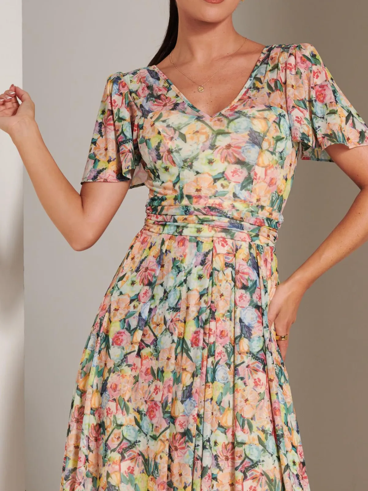 Jolie Moi Occasion Dresses|Floral Dresses-Bianca V-Neck Pleated Mesh Maxi Dress, Yellow Floral