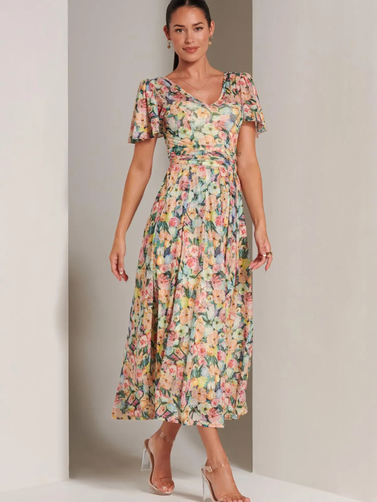 Jolie Moi Occasion Dresses|Floral Dresses-Bianca V-Neck Pleated Mesh Maxi Dress, Yellow Floral