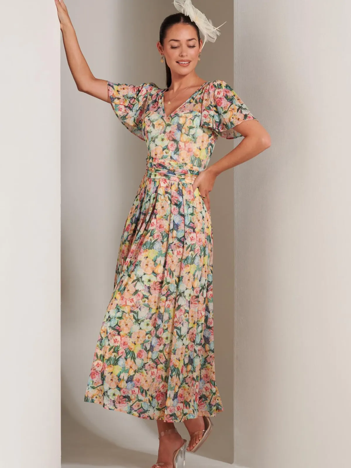 Jolie Moi Occasion Dresses|Floral Dresses-Bianca V-Neck Pleated Mesh Maxi Dress, Yellow Floral