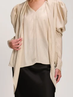 Jolie Moi Wedding Guest|Wedding Guest-Bow Neck Puff Sleeve Satin Blouse, Champagne