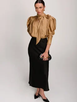Jolie Moi Weekend Casuals|Shirts & Blouses-Bow Neck Puff Sleeve Satin Blouse, Golden Mocha