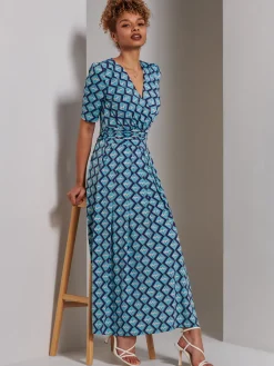 Jolie Moi Occasion Dresses|Weekend Casuals-Bree Half Sleeve Jersey Maxi Dress, Blue Geo