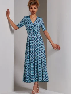 Jolie Moi Occasion Dresses|Weekend Casuals-Bree Half Sleeve Jersey Maxi Dress, Blue Geo