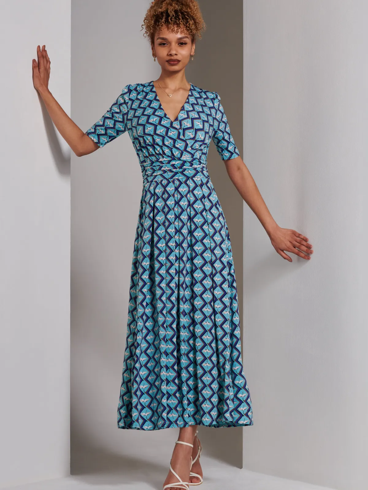 Jolie Moi Occasion Dresses|Weekend Casuals-Bree Half Sleeve Jersey Maxi Dress, Blue Geo