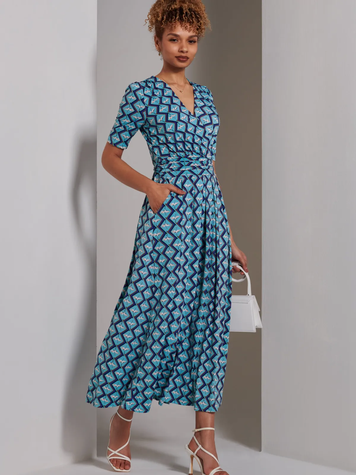 Jolie Moi Occasion Dresses|Weekend Casuals-Bree Half Sleeve Jersey Maxi Dress, Blue Geo