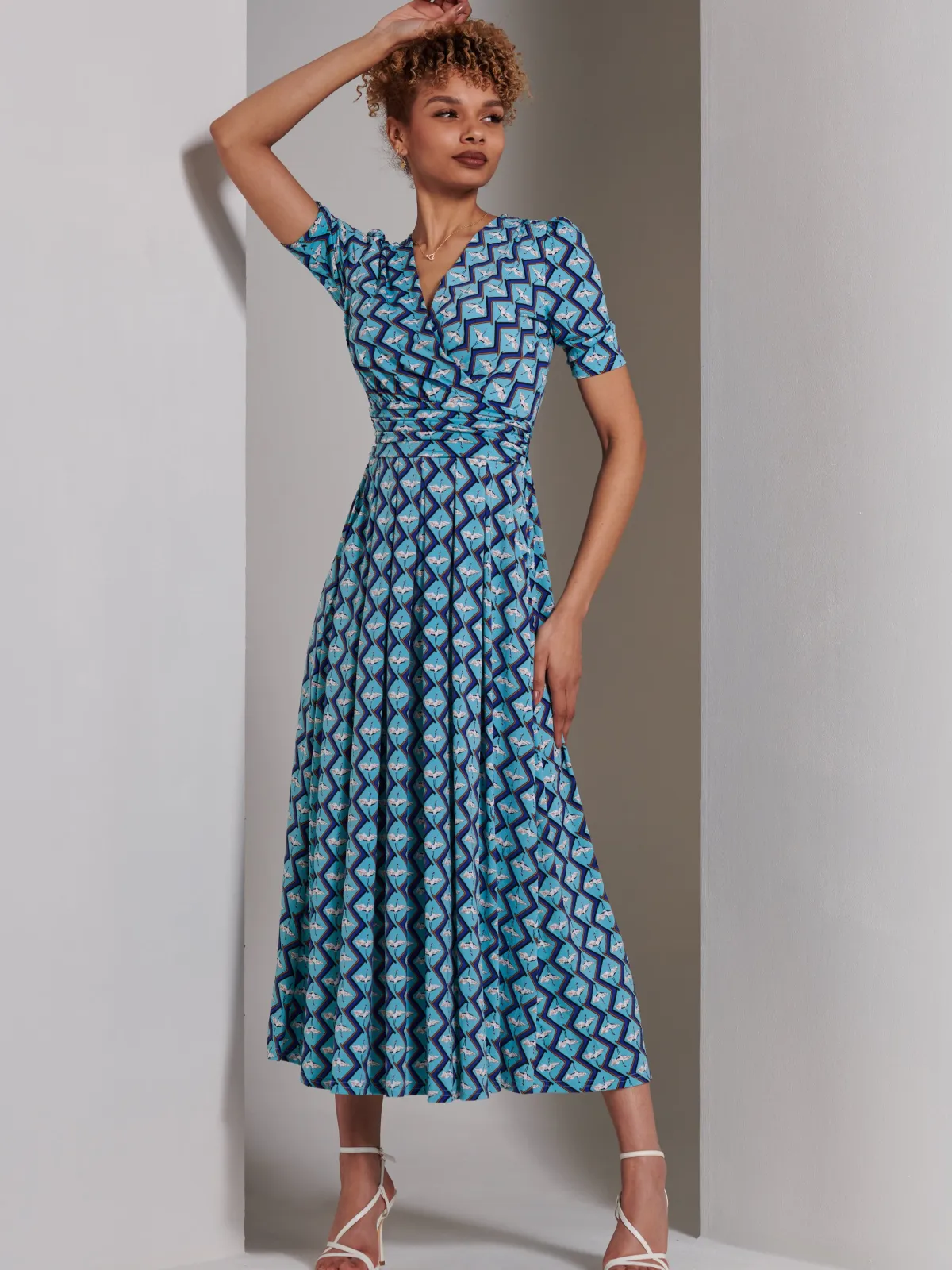 Jolie Moi Occasion Dresses|Weekend Casuals-Bree Half Sleeve Jersey Maxi Dress, Blue Geo
