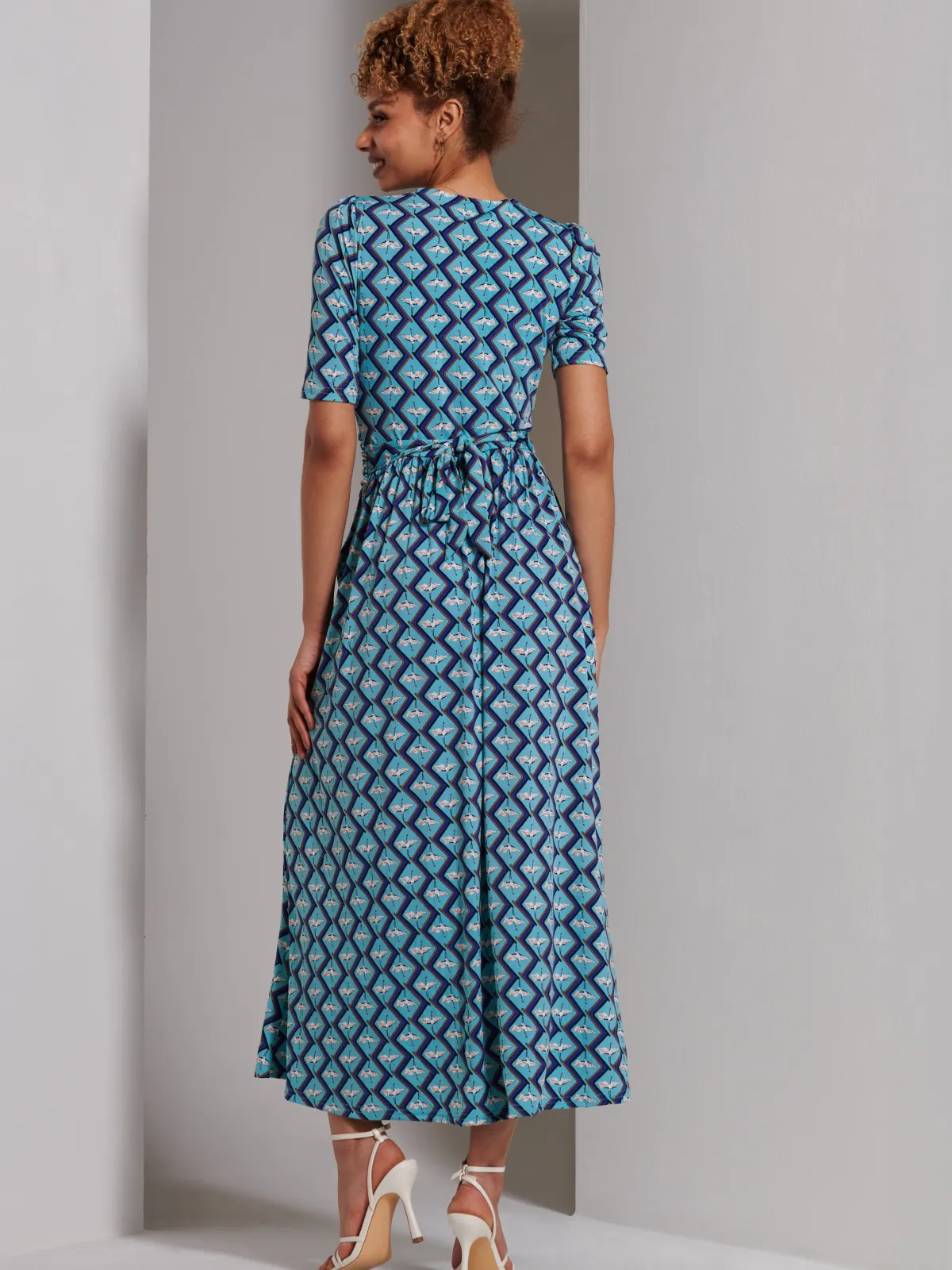 Jolie Moi Occasion Dresses|Weekend Casuals-Bree Half Sleeve Jersey Maxi Dress, Blue Geo
