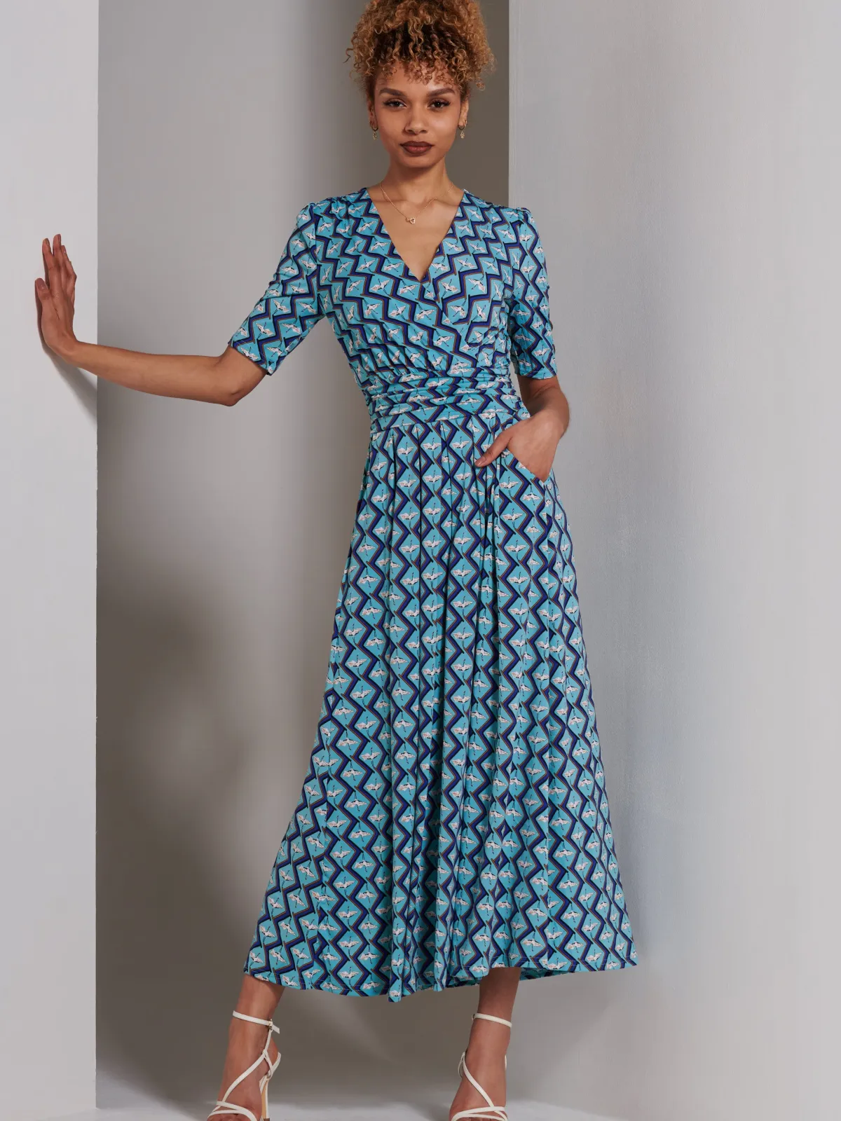 Jolie Moi Occasion Dresses|Weekend Casuals-Bree Half Sleeve Jersey Maxi Dress, Blue Geo