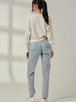 Jolie Moi Weekend Casuals|Knitted Jumpers-Bubble Stitch Batwing Knit Jumper, Oatmeal