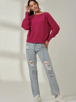 Jolie Moi Weekend Casuals|Knitted Jumpers-Bubble Stitch Batwing Knit Jumper, Raspberry