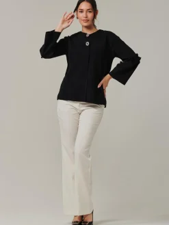 Jolie Moi Knitted Cardigan-Button Bow Sleeve Knit Cardigan, Black