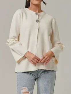Jolie Moi Knitted Cardigan|Weekend Casuals-Button Bow Sleeve Knit Cardigan, Oatmeal
