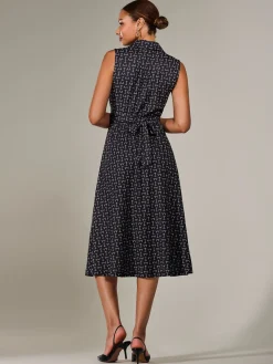 Jolie Moi Sleeveless Dresses|Shirt Dresses-Button Sleeveless Midi Dress, Black Abstract