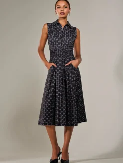 Jolie Moi Sleeveless Dresses|Shirt Dresses-Button Sleeveless Midi Dress, Black Abstract