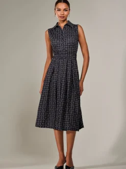 Jolie Moi Sleeveless Dresses|Shirt Dresses-Button Sleeveless Midi Dress, Black Abstract
