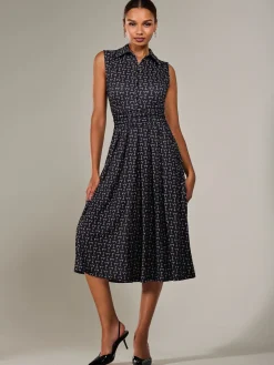 Jolie Moi Sleeveless Dresses|Shirt Dresses-Button Sleeveless Midi Dress, Black Abstract