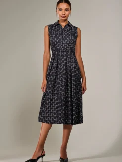 Jolie Moi Sleeveless Dresses|Shirt Dresses-Button Sleeveless Midi Dress, Black Abstract