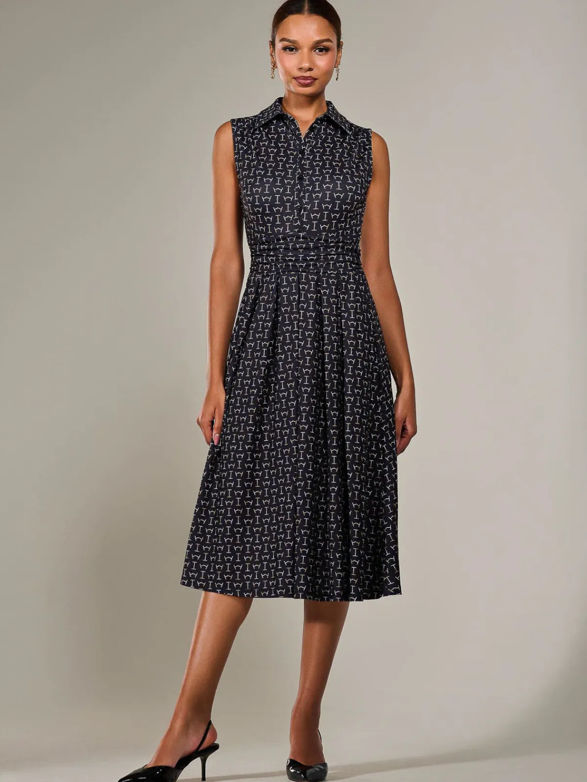 Jolie Moi Sleeveless Dresses|Shirt Dresses-Button Sleeveless Midi Dress, Black Abstract