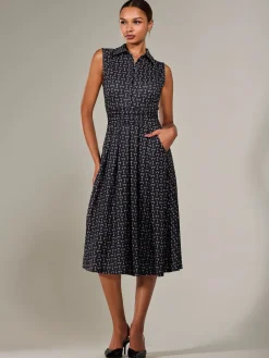 Jolie Moi Sleeveless Dresses|Shirt Dresses-Button Sleeveless Midi Dress, Black Abstract