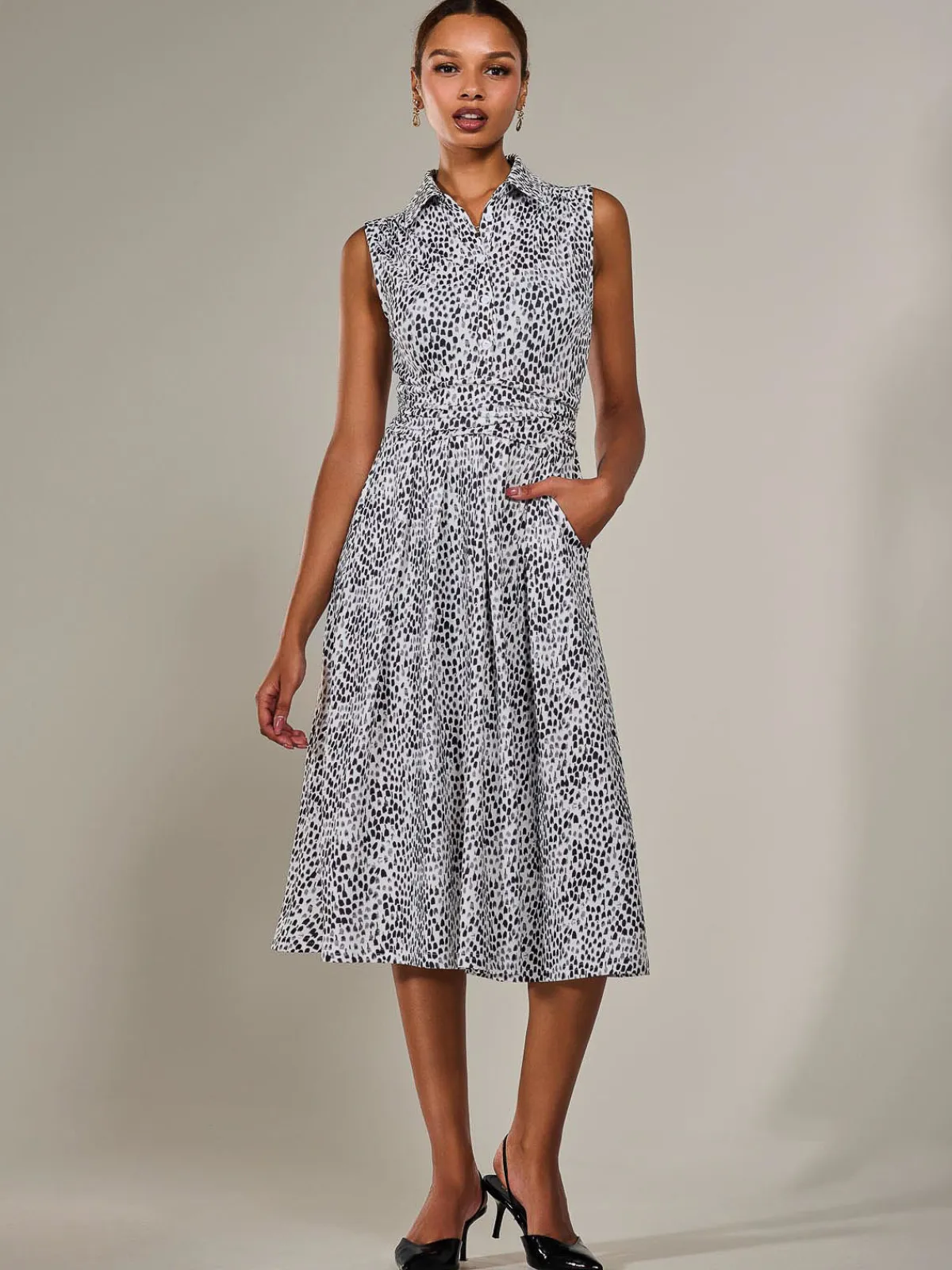 Jolie Moi Sleeveless Dresses|Shirt Dresses-Button Sleeveless Midi Dress, Black Polka