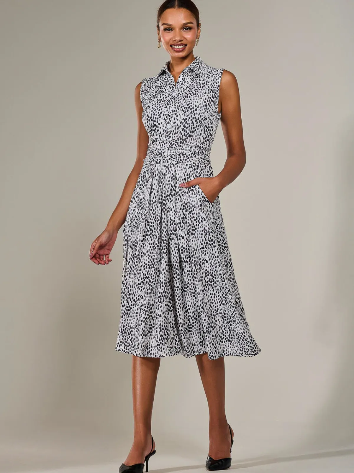 Jolie Moi Sleeveless Dresses|Shirt Dresses-Button Sleeveless Midi Dress, Black Polka