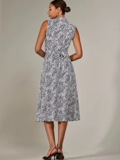 Jolie Moi Sleeveless Dresses|Shirt Dresses-Button Sleeveless Midi Dress, Black Polka