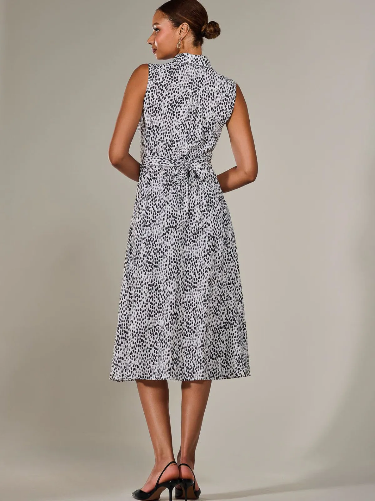Jolie Moi Sleeveless Dresses|Shirt Dresses-Button Sleeveless Midi Dress, Black Polka