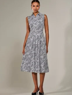 Jolie Moi Sleeveless Dresses|Shirt Dresses-Button Sleeveless Midi Dress, Black Polka