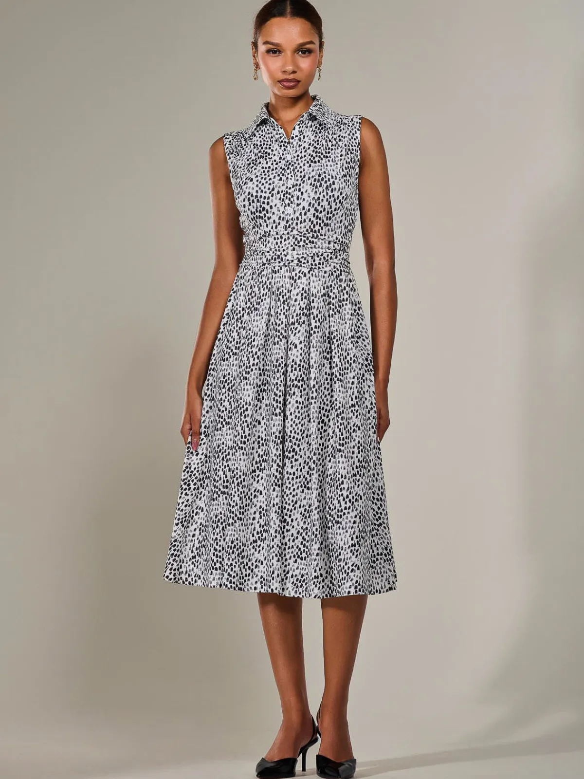 Jolie Moi Sleeveless Dresses|Shirt Dresses-Button Sleeveless Midi Dress, Black Polka