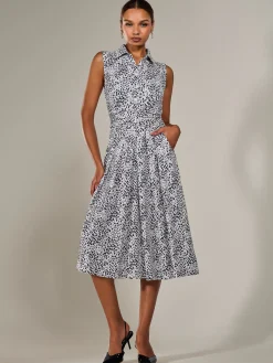 Jolie Moi Sleeveless Dresses|Shirt Dresses-Button Sleeveless Midi Dress, Black Polka