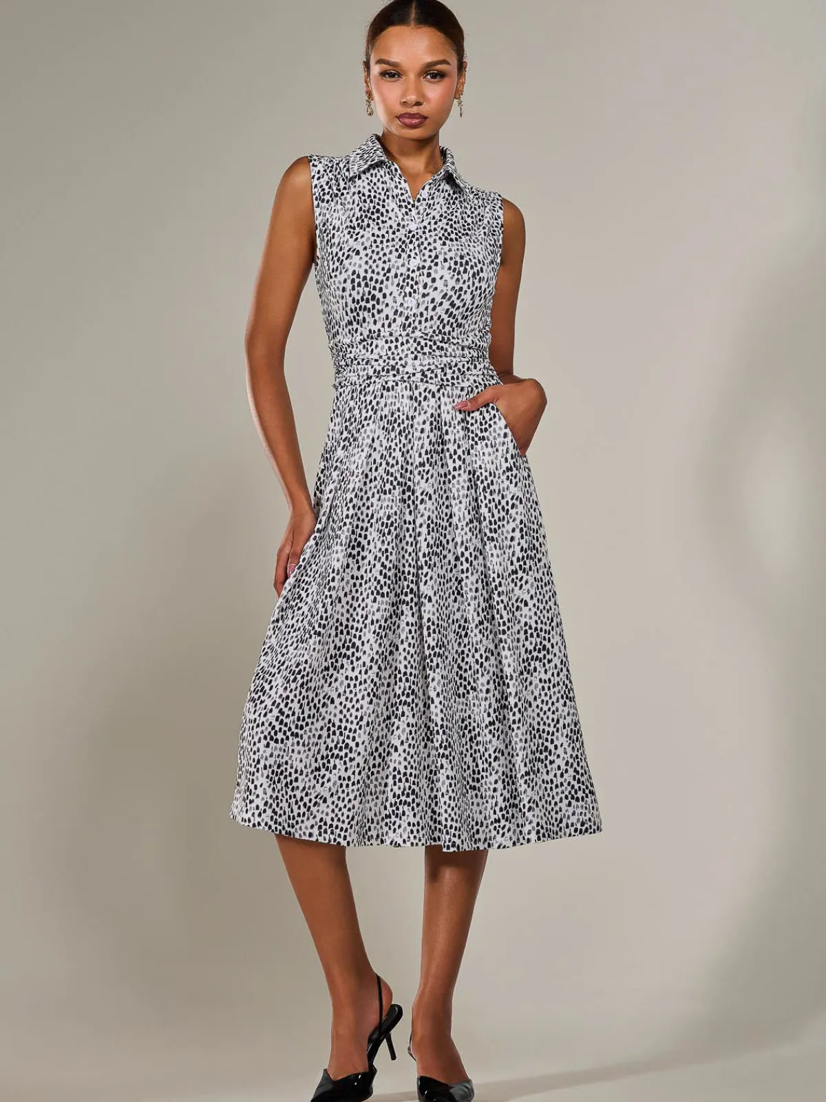 Jolie Moi Sleeveless Dresses|Shirt Dresses-Button Sleeveless Midi Dress, Black Polka