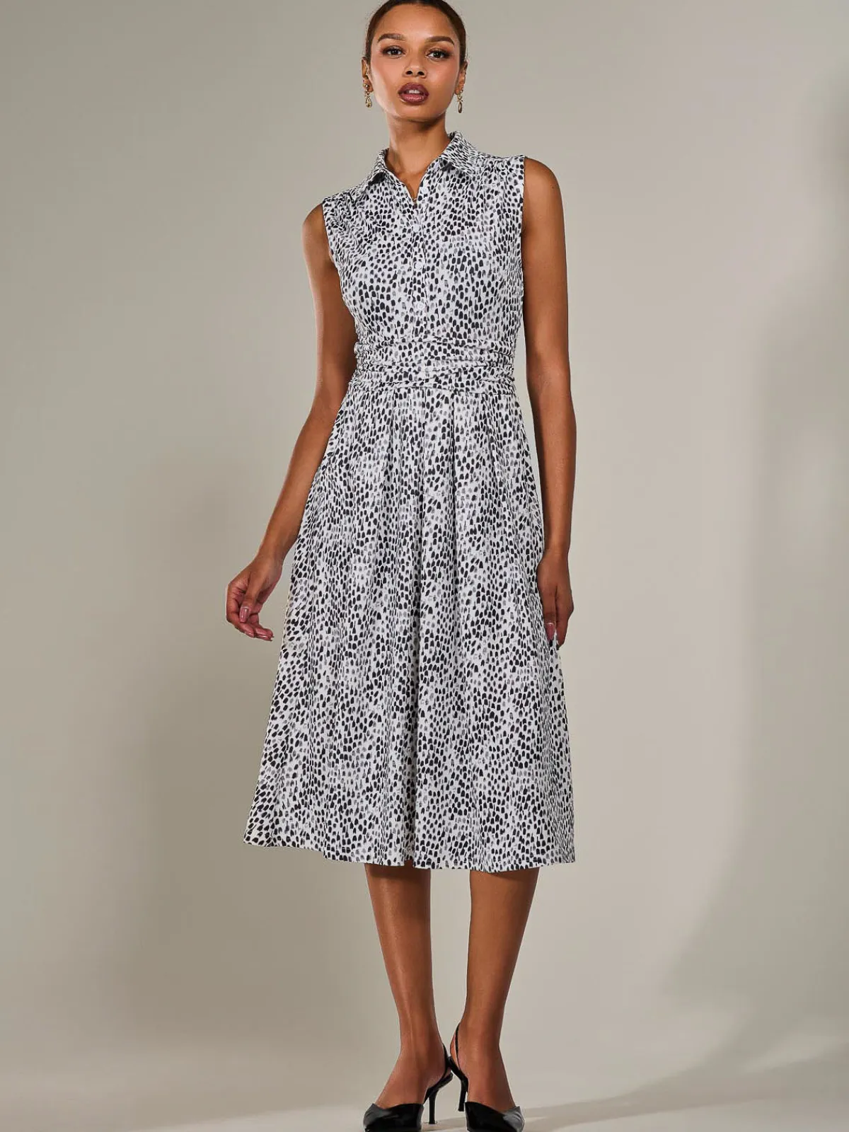 Jolie Moi Sleeveless Dresses|Shirt Dresses-Button Sleeveless Midi Dress, Black Polka