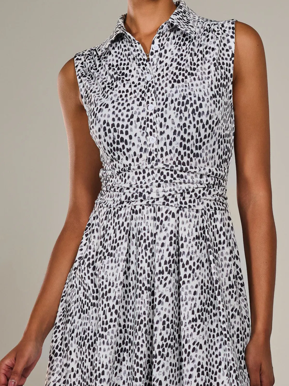 Jolie Moi Sleeveless Dresses|Shirt Dresses-Button Sleeveless Midi Dress, Black Polka