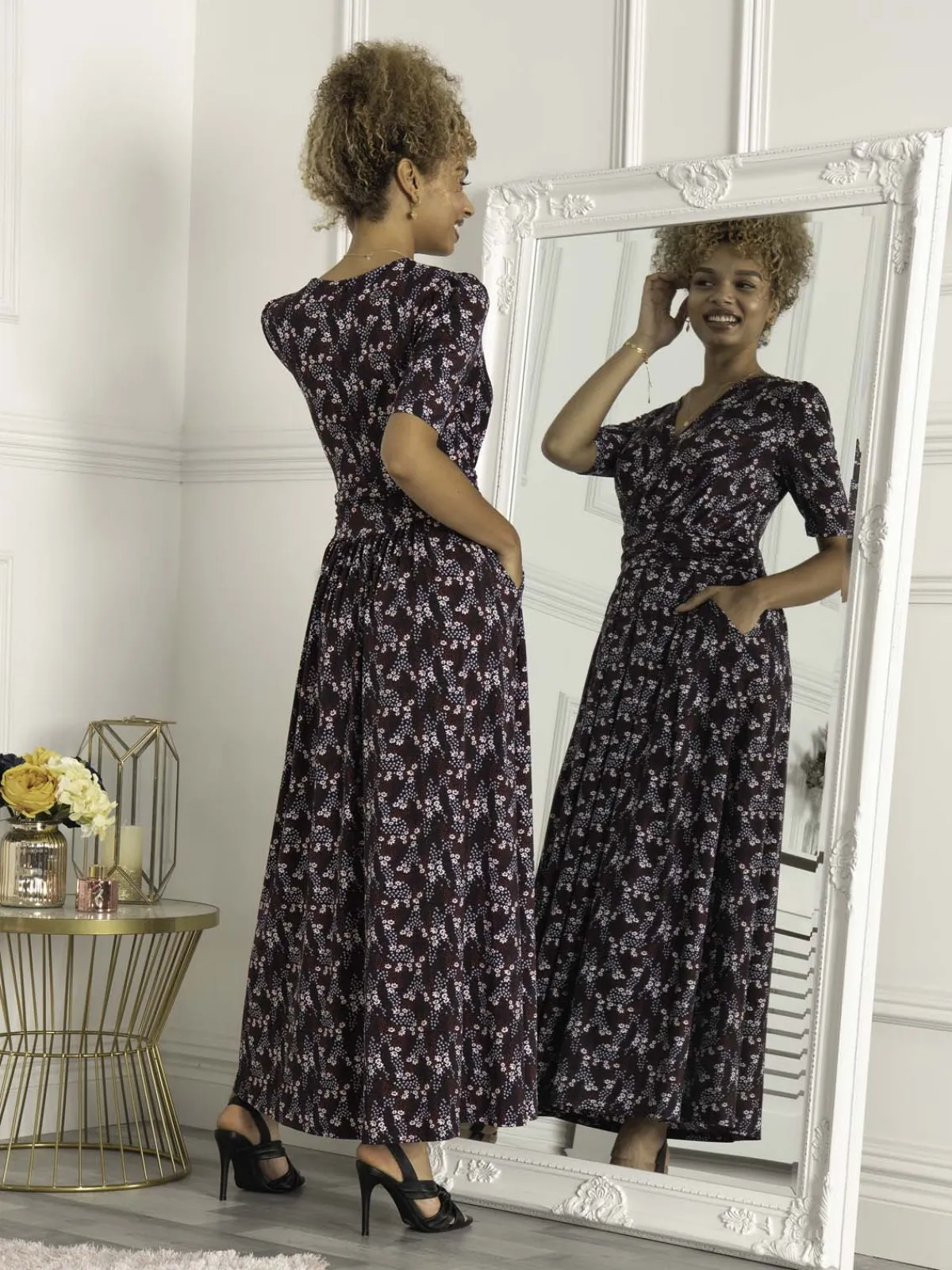 Jolie Moi Occasion Dresses|Wrap Dresses-Calais Half Sleeve Maxi Dress, Navy Floral