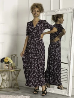 Jolie Moi Occasion Dresses|Wrap Dresses-Calais Half Sleeve Maxi Dress, Navy Floral