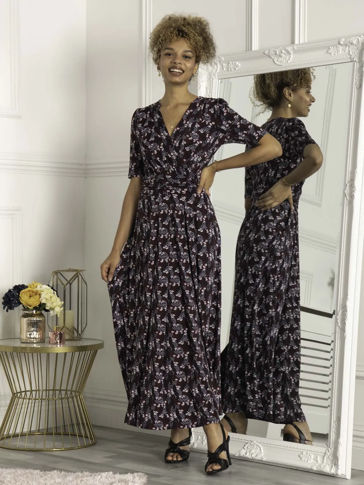 Jolie Moi Occasion Dresses|Wrap Dresses-Calais Half Sleeve Maxi Dress, Navy Floral