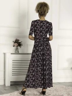 Jolie Moi Occasion Dresses|Wrap Dresses-Calais Half Sleeve Maxi Dress, Navy Floral